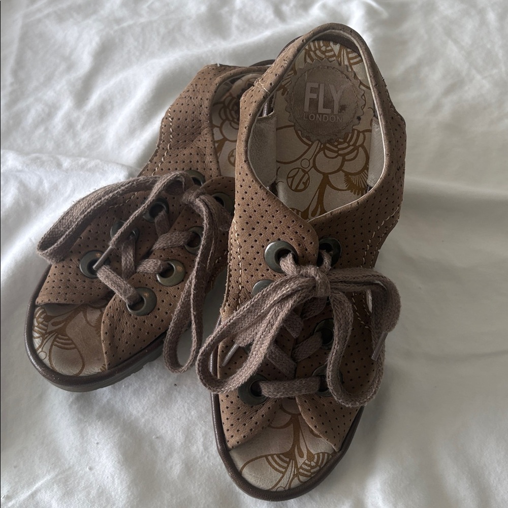 Fly London Khaki Green Yoli Wedge sandals size 37 -6.5-7.